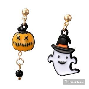 Halloween Mismatched Earrings - Jack O Lantern & Ghost In a Witch Hat - 0.88" L